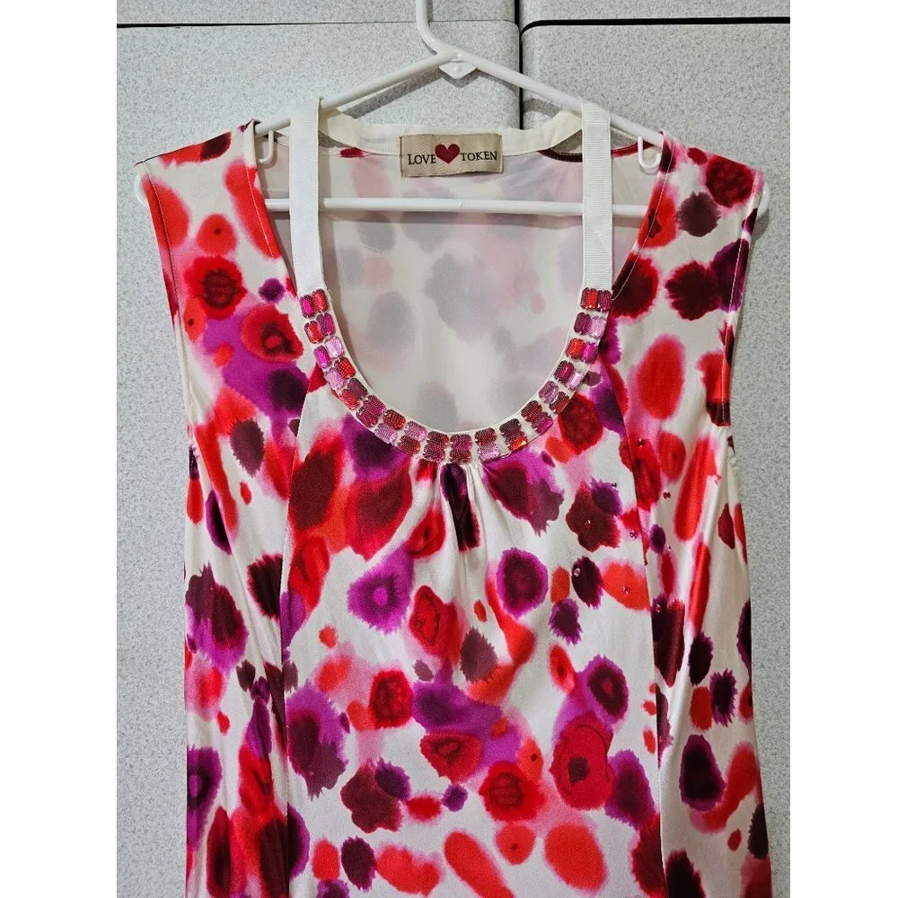 Women Midi Dress, Floral Rhinestone Lined Party Gown with Pockets, Size L - Picture 2 of 6